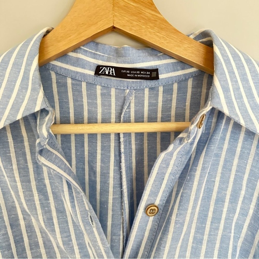 Zara Blue Stripe Linen Blend  Button Up Shirt Dress | size XS - Picture 11 of 13